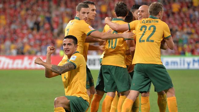 BRISBANE, AUSTRALIA - JANUARY 22: Tim Cahill of Australia celebrates after scoring a goal during the 2015 Asian Cup match between China PR and the Australian Socceroos at Suncorp Stadium on January 22, 2015 in Brisbane, Australia. (Photo by Bradley Kanaris/Getty Images)