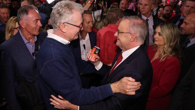 Tony Burke, left, and Anthony Albanese at Saturday night’s Labor election function. Picture: Jason Edwards