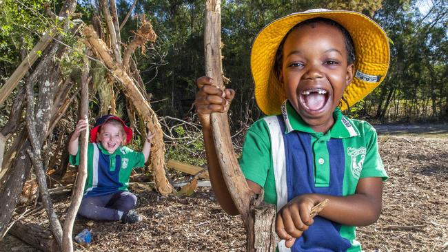 Julienne Almasi and Olivia Moore at one of Berrinba East State School’s outdoor learning area. Picture: Richard Walker