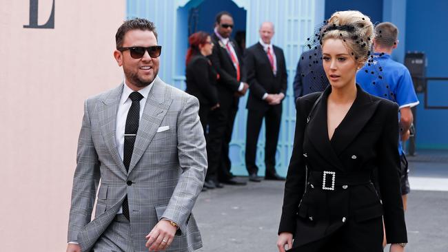 James Kennedy and Jaimee Belle Kennedy arrive at the Kennedy Marquee on Derby Day at Flemington. Picture: Sam Tabone/Getty Images