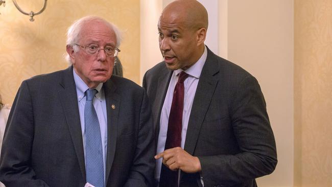 Senators Bernie Sanders and Cory Booker at a press conference in Washington last month. Picture: AFP