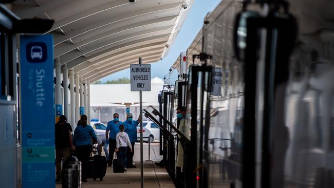 Some passengers arriving in Darwin from Melbourne are being granted freedom while many others are being made to quarantine at Howard Springs. Picture: Che Chorley