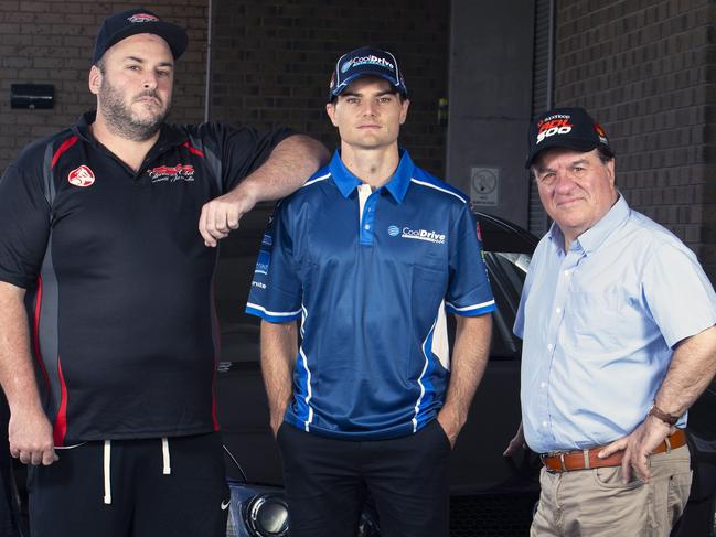 ADELAIDE, AUSTRALIA - Advertiser Photos JANUARY 28 Thursday 2021:  Ian Barlow, rally organiser, Tim Slade South AustraliaÃs V8 Supercars driver and Frank Pangallo from SA Best in Mile End, SA. Tim will join a car cruise this Sunday  to protest the axing of the Adelaide 500 Car Race. Picture: Emma Brasier.