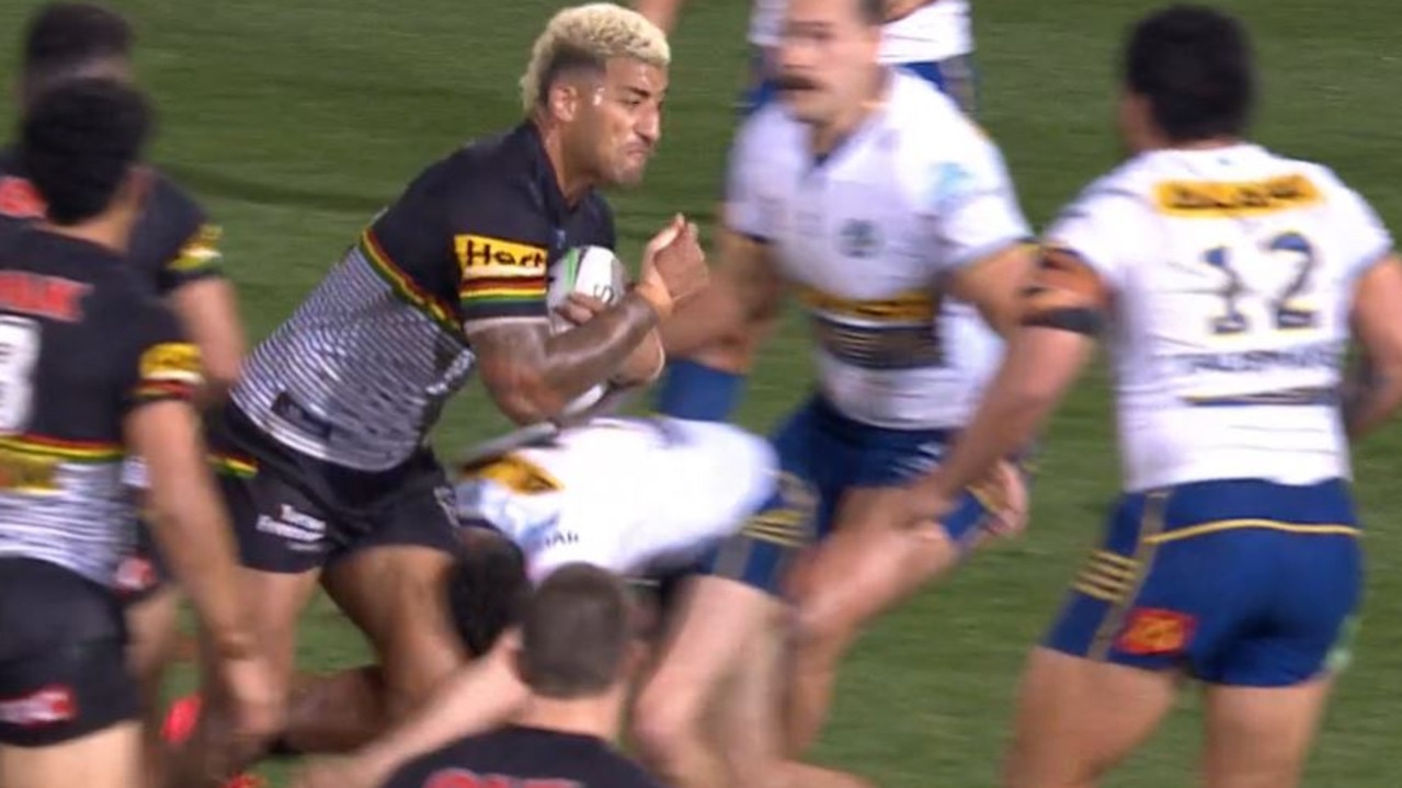 Mitchell Moses was concussed after trying to tackle Viliame Kikau.