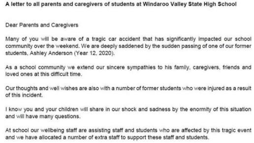 Part of the letter from Windaroo Valley State High School principal Tracey Hopper.