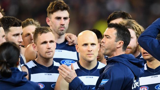 Cats coach Chris Scott and his team were struggling at the first break. Pic: Getty Images