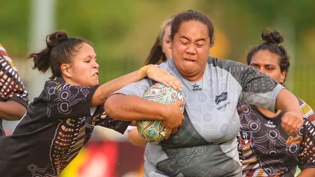 Christabel Aigea Faatoafe as the Indigenous All Stars take on the Territory All Stars in the senior women's rugby league Deadly Cup. Picture: Glenn Campbell