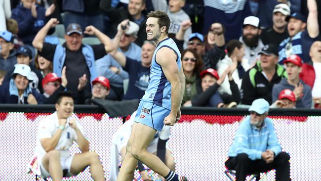 John Greenslade celebrates a Sturt goal in the 2016 SANFL grand final. Picture: Sarah Reed