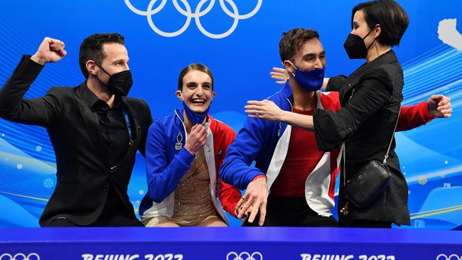 Gabriella Papadakis and Guillaume Cizeron of Team France react after receiving their score during the Ice Dance Free Dance. Photo by Justin Setterfield/Getty Images.