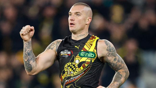 MELBOURNE, AUSTRALIA - MAY 25: Dustin Martin of the Tigers celebrates a goal during the 2024 AFL Round 11 match between the Richmond Tigers and the Essendon Bombers at The Melbourne Cricket Ground on May 25, 2024 in Melbourne, Australia. (Photo by Dylan Burns/AFL Photos via Getty Images)