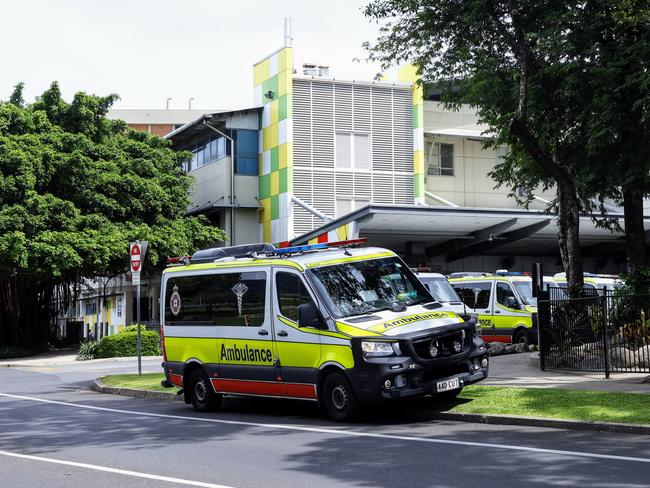 Ambulance ramping at the Cairns Hospital at 2:30pm on Tuesday, February 27. Excessive demand on the Cairns Hospital's emergency department saw a high number of patient admissions, with 13 ambulances and one police van parked in the emergency department's ambulance entrance. Picture: Brendan Radke