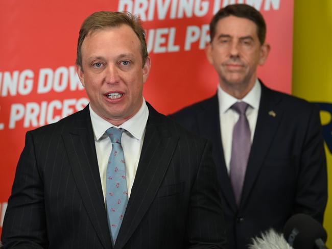 Premier Steven Miles (front) with Treasurer Cameron Dick on Tuesday. Picture: Lyndon Mechielsen