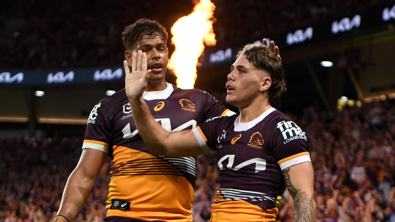 Reece Walsh, Selwyn Cobbo celebrate after scoring a try. Picture: NRL Imagery