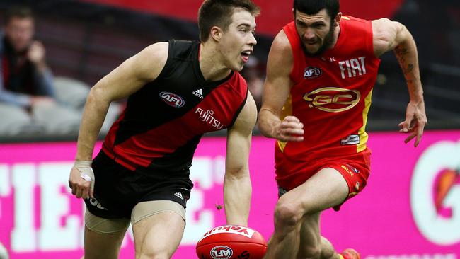 Zach Merrett gets away from Jarrad Grant. Picture: Colleen Petch