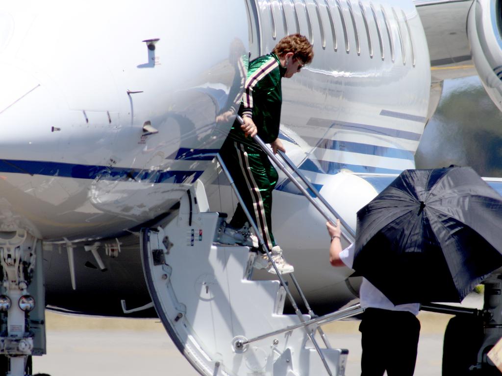 Elton John leaving his private plane at Adelaide Airport back in December 2019. Picture: Kelly Barnes