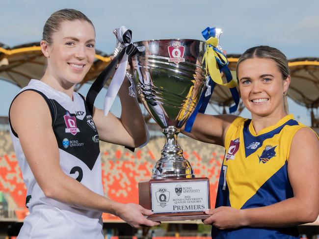 Southport captain Rianna Schipp and Bond Univeristy captain Courtney Sexton ahead of the 2024 QAFLW grand final. Picture: Cavan Flynn Bond Uni.