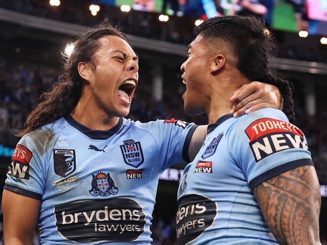 PERTH, AUSTRALIA - JUNE 26:  Brian ToÃ¢â¬â¢o of the Blues (R) celebrates with Jarome Luai (L) after scoring a try during game two of the State of Origin series between New South Wales Blues and Queensland Maroons at Optus Stadium, on June 26, 2022, in Perth, Australia. (Photo by Mark Kolbe/Getty Images)