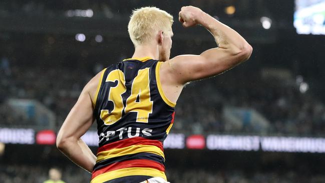 Elliott Himmelberg has kicked a goal in all five AFL games he’s played and the Crows are 5-0 with him in the team. Picture: Sarah Reed.