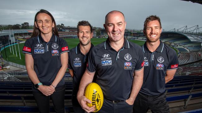 Carlton’s AFLW coaching panel for the 2019 season (from L-R): Shannon McFerran, Steven Salopek, senior coach Daniel Harford and Brad Fisher. Picture: Jay Town