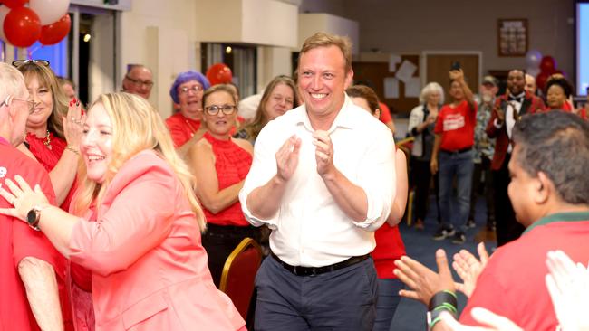 Steven Miles with Margie Nightingale, Labor’s candidate for Inala in Saturday’s by-election, at the election night after-party. Labor will hold Inala, but looks set to lose Ipswich West. Picture: Steve Pohlner