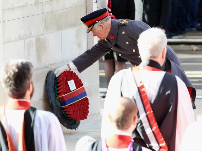 Prince Charles, Prince of Wales lays a wreath at The Cenotaph on behalf of Queen Elizabeth II during the annual Remembrance Sunday memorial on November 11, 2018 in London. Picture: Getty