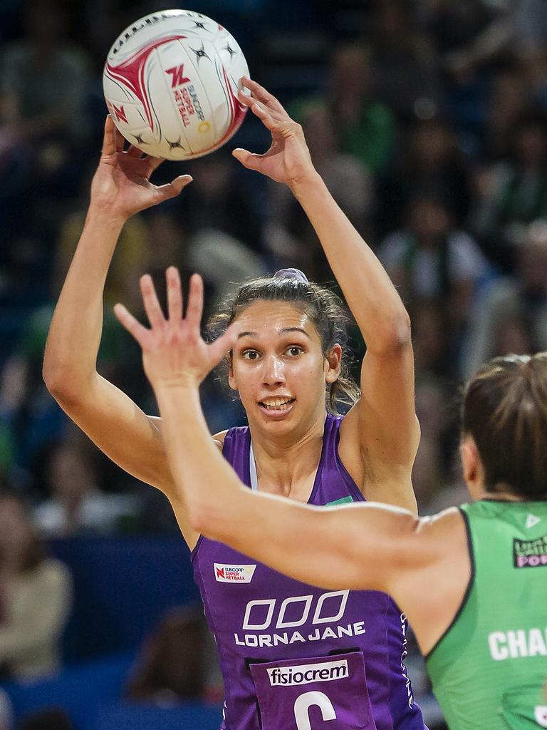 Jemma MiMi of the Firebirds during the Round 13 Super Netball match between the West Coast Fever and the Queensland Firebirds at the RAC Arena in Perth, Sunday, August 18, 2019. (AAP Image/Tony McDonough) NO ARCHIVING, EDITORIAL USE ONLY