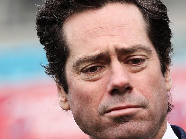 AFL CEO Gillon McLachlan speaks at Blundstone Arena about the findings into the AFL steering committee regarding football in Tasmania. Picture: LUKE BOWDEN