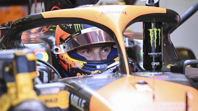 Oscar Piastri, above, readies for the first practice session of the Australian Grand Prix at Albert Park. Picture: William West/AFP