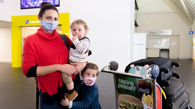 Brook and her children, aged 16 months and four years old, were among the passengers onboard the Sydney to Darwin flight that arrived today. Picture: Che Chorley