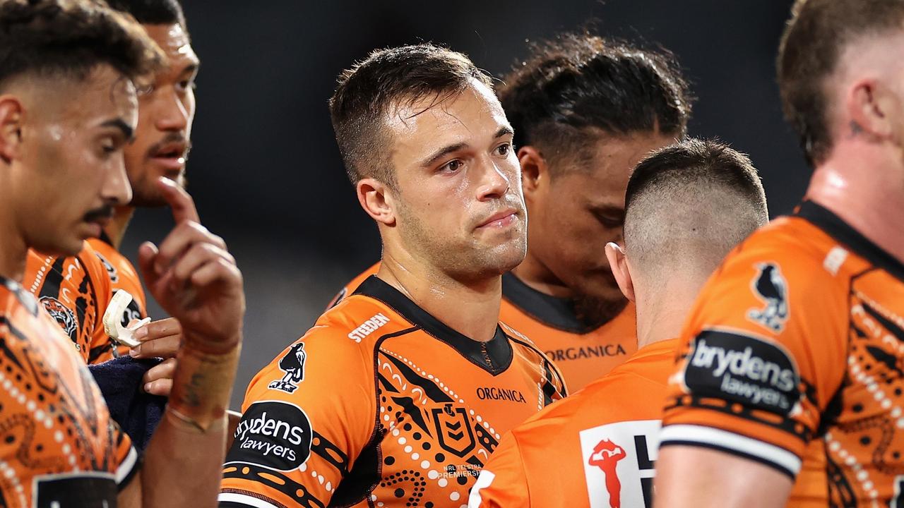 Luke Brooks is under pressure to retain his spot in the halves at Wests Tigers. Picture: Cameron Spencer/Getty Images
