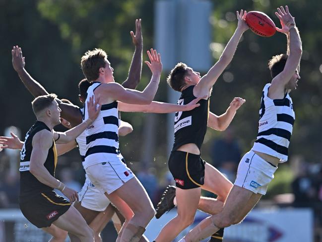 VFL: Werribee and Geelong players fight for the ball. Picture: Andy Brownbill