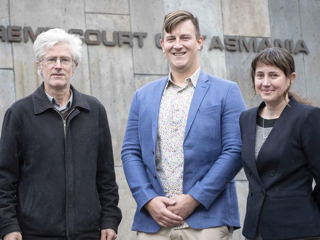 Tasmanian Conservation Trust CEO Peter McGlone, campaigner Jack Redpath and Environmental Defenders Office managing lawyer Claire Bookless at the Supreme Court of Tasmania. Picture: Chris Kidd