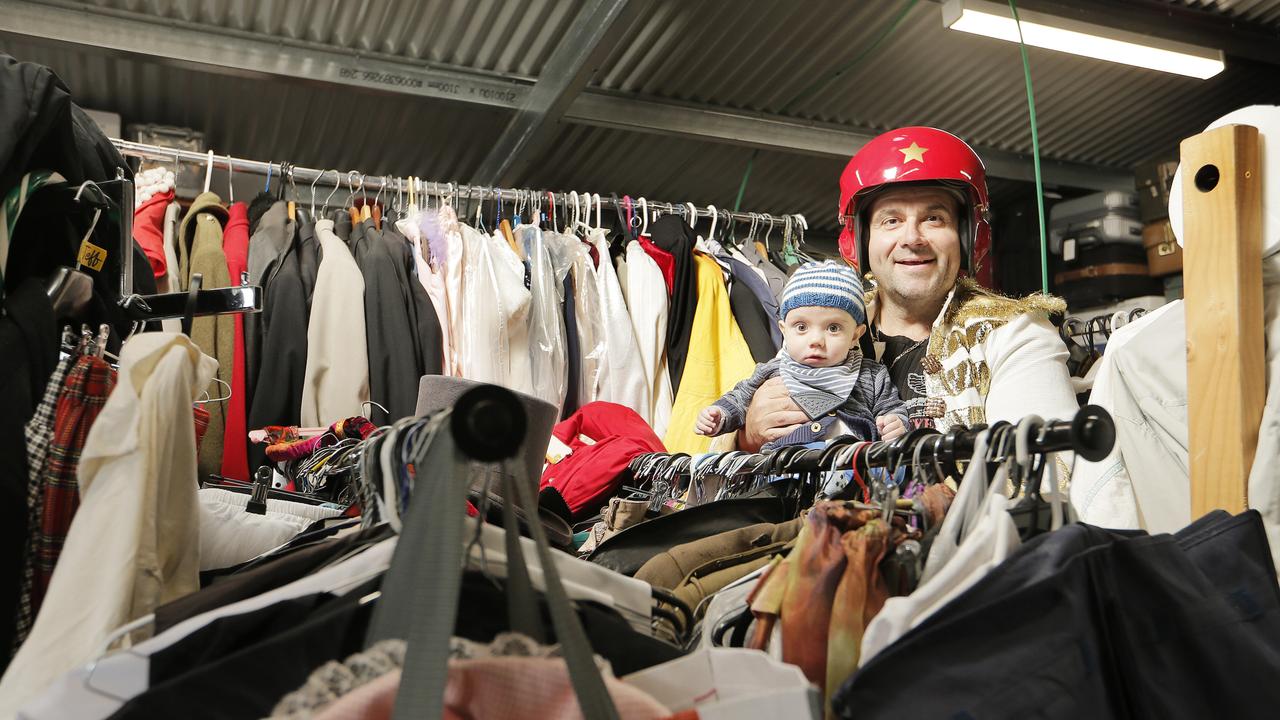 <p>Performer John X with son Theo (seven months), March, 2019. Picture: MATHEW FARRELL</p>