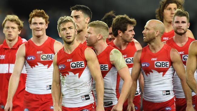 Sydney players walk off ANZ Stadium after losing to GWS.