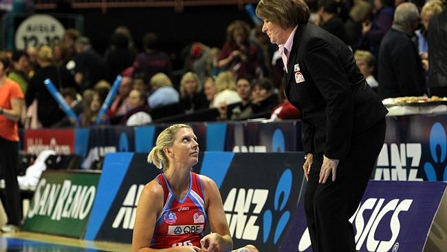 Julie Fitzgerald when she coached the NSW Swifts talking to Catherine Cox.