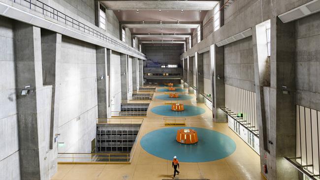 The operating floor inside Tumut 3 Power Station, the largest power station in the Snowy Hydro scheme. Picture: Rohan Thomson