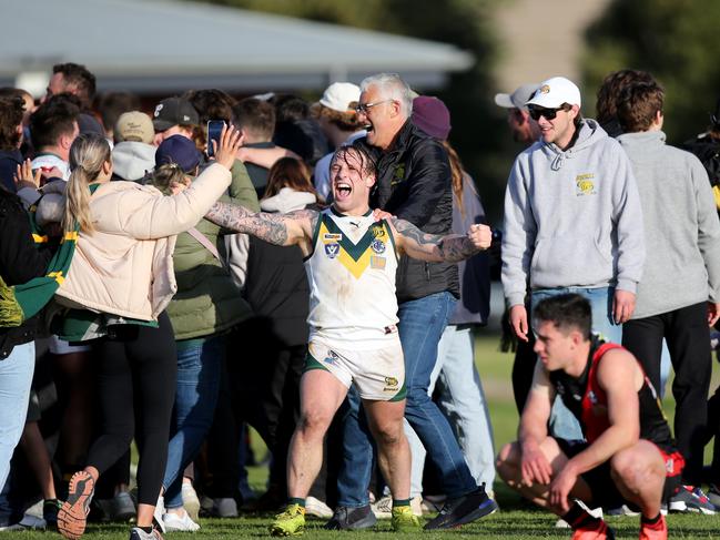 GFL preliminary finals Senior footy: Newtown &amp; Chilwell v Leopold. Leopold's Logan Wagener celebrates after the siren. Picture: Mike Dugdale