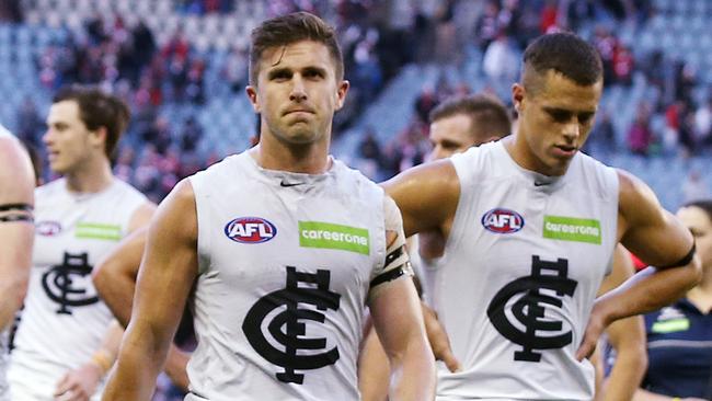 Marc Murphy leads his Blues off Etihad Stadium after last Saturday’s controversial game against St Kilda. Picture: Michael Klein