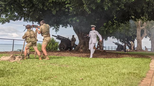 Defence forces personnel re-enacted the events of the fateful day that Darwin was first bombed by 242 Japanese aircraft. Picture: Alicia Perera