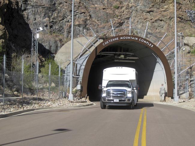 A crew bus leaves the Cheyenne Mountain Air Force Station complex outside Colorado Springs. Picture: AP/Dan Elliott