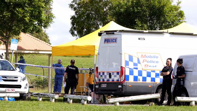 Police at the scene at Mortimer Park on Sunday. Picture: Steve Pohlner