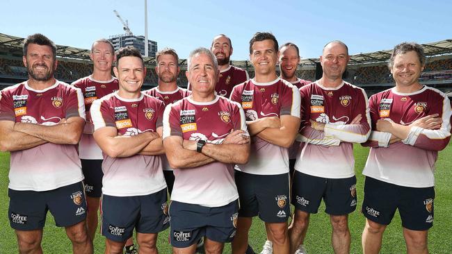 Dale Tapping, Murray Davis, Zane Littlejohn, Scott Borlace, Chris Fagan, Ben Hudson, Jed Adcock, Mitch Hahn, Danny Daly and Paul Henriksen Coaches at the Lions at the Gabba. Picture: Annette Dew