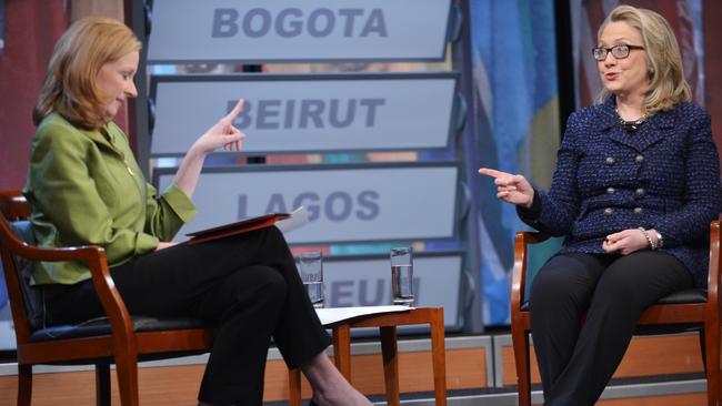 Big moment ... Leigh Sales moderates an interview with then US Secretary of State Hillary Clinton in Washington DC. Picture: AFP Photo