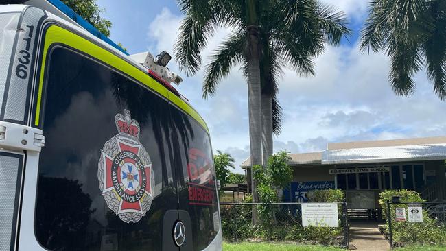 An ambulance outside Bluewater State School after multiple children were rushed to hospital after eating 'lollies' on a school bus. Picture: Daneka Hill