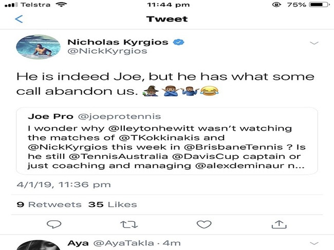 Nick Kyrgios appeared to take a shot at Lleyton Hewitt on social media.