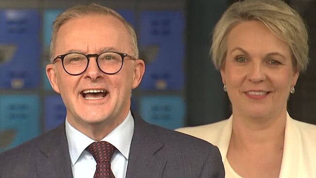 Anthony Albanese and Tanya Plibersek campaigning together in Sydney on Monday at Mr Albanese’s old school. Picture: Sky News