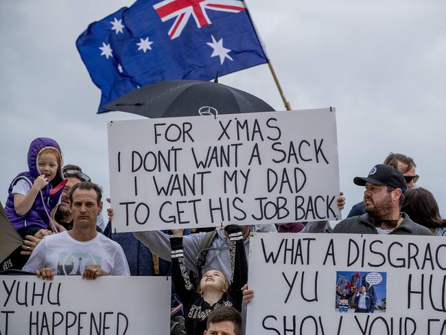 Workers from the Jewel development protesting at the Jewel International Kite Festival on Sunday at Surfers Paradise. Picture: Jerad Williams