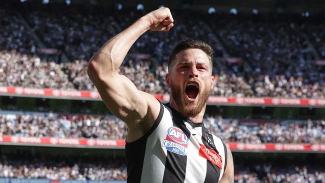 MELBOURNE , AUSTRALIA. September 30, 2023.   AFL Grand Final between Collingwood and the Brisbane Lions at the MCG. Collingwood Jack Crisp celebrates after a goal.Picture by David Caird