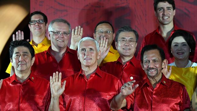 Scott Morrison with Japan's Prime Minister Shinzo Abe (L), Brunei Sultan Hassanal Bolkiah (R), US Vice President Mike Pence (C), and Canada's Prime Minister Justin Trudeau (top R) and other leaders during the Asia-Pacific Economic Cooperation (APEC) Summit in Port Moresby in November 2018. Picture: Saeed Khan/AFP