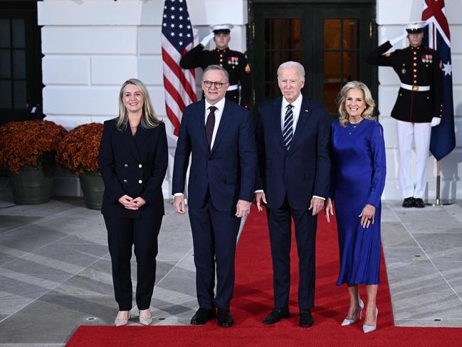 Prime Minister Anthony Albanese and partner Jodie Haydon at the South Portico of the White House in Washington, DC. Picture: AFP